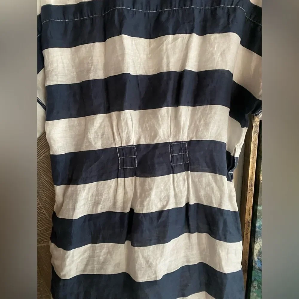 Burberry Brit Shirt Dress Womens  Plaid  White Navy  Sz 4  Linen Pockets